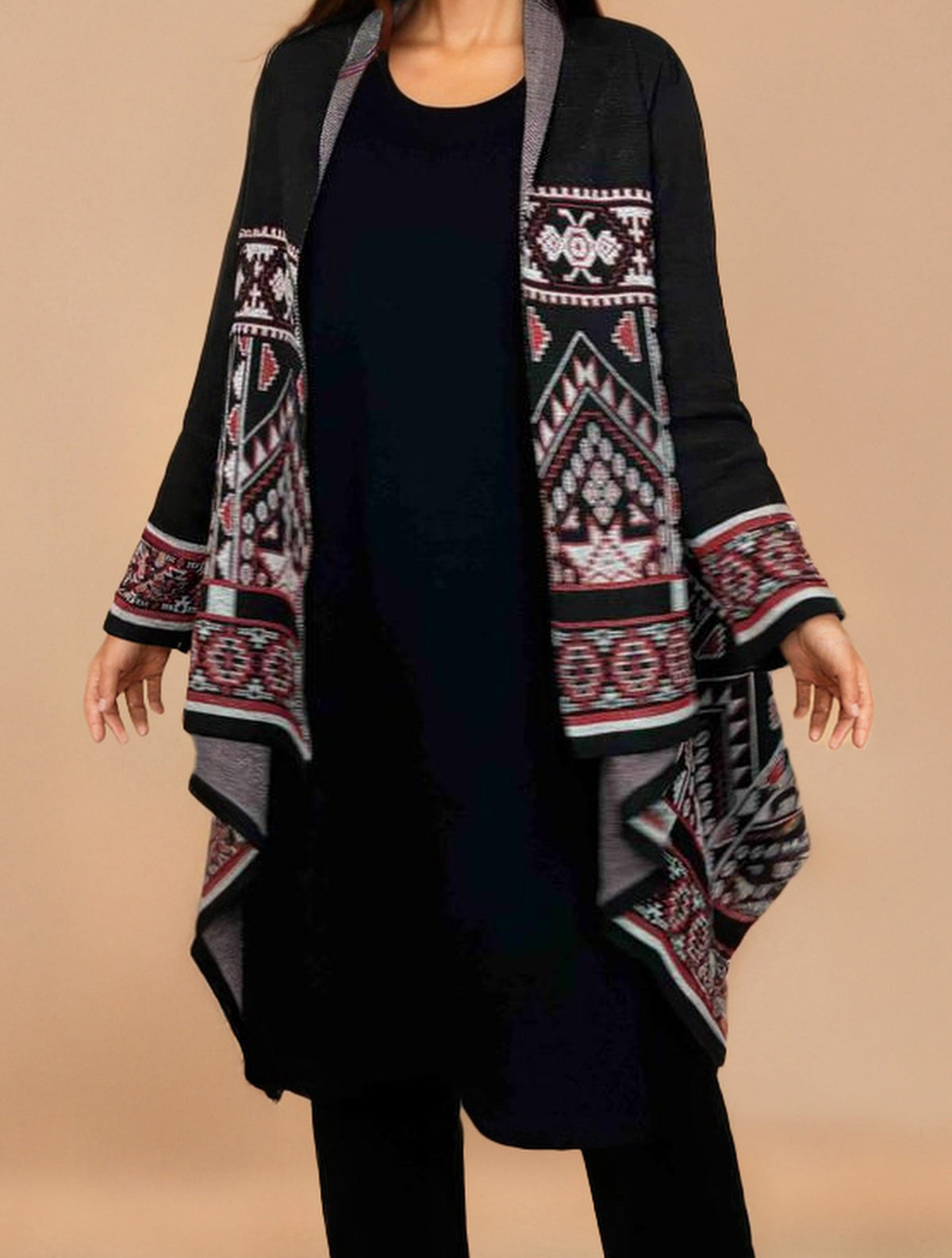trueBrowns Black Woollen Geometric Kaftan Cape | Grocsy
