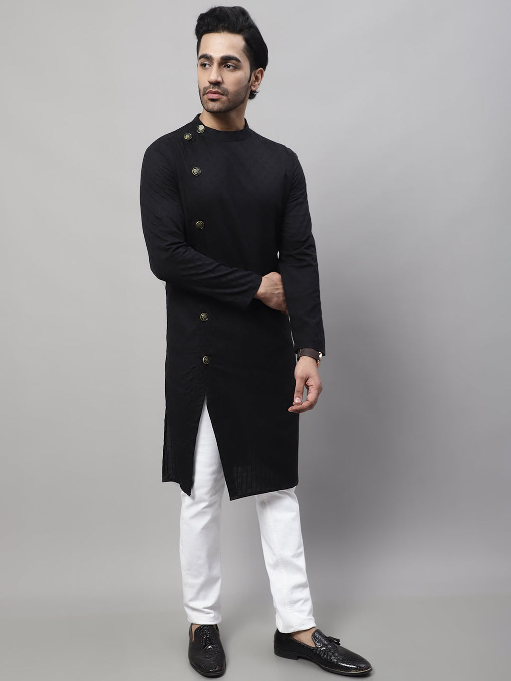 Even Apparels Black Pure Cotton Kurta With Band Collar | Grocsy