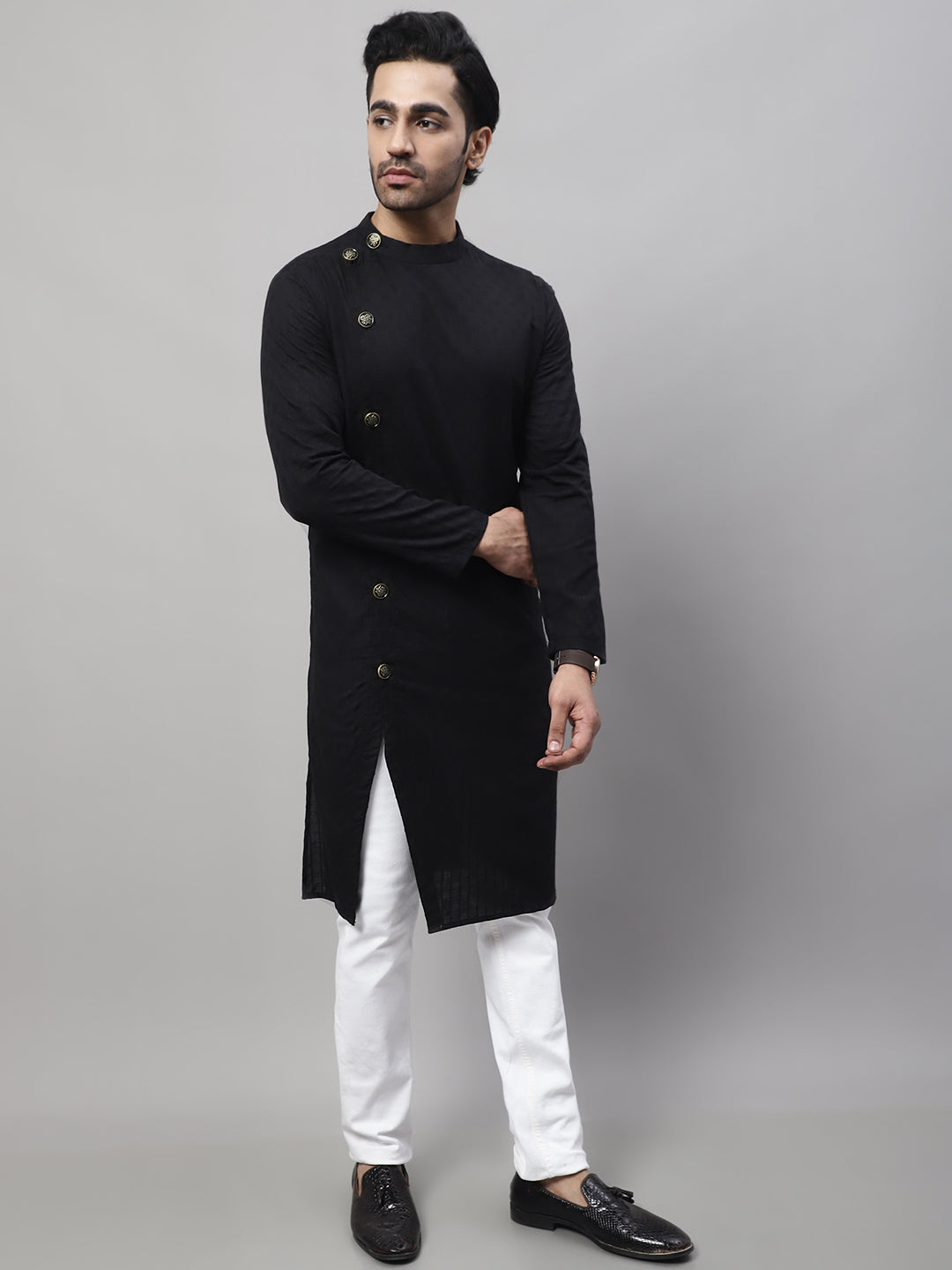Even Apparels Black Pure Cotton Kurta With Band Collar | Grocsy
