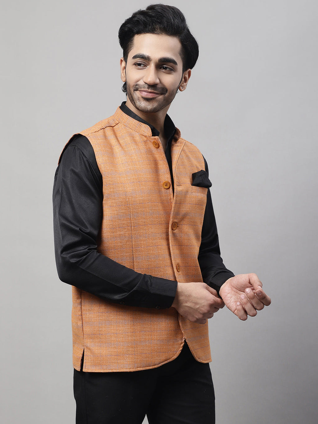 Even Apparels Men's Orange Nehru Jacket With Welt Pockets | Grocsy