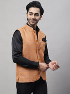 Even Apparels Men's Orange Nehru Jacket With Welt Pockets | Grocsy