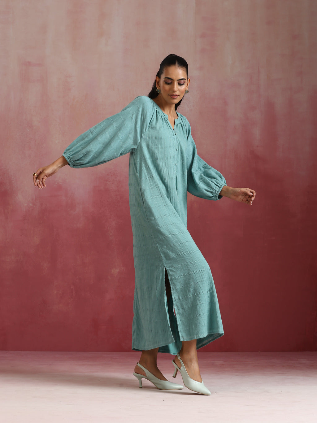 trueBrowns Aqua Blue Cotton Dobby Dress | Grocsy
