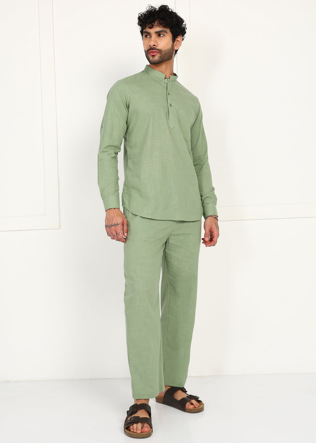 Fabmade Sage Linen Kurta Co-Ord Set | Grocsy