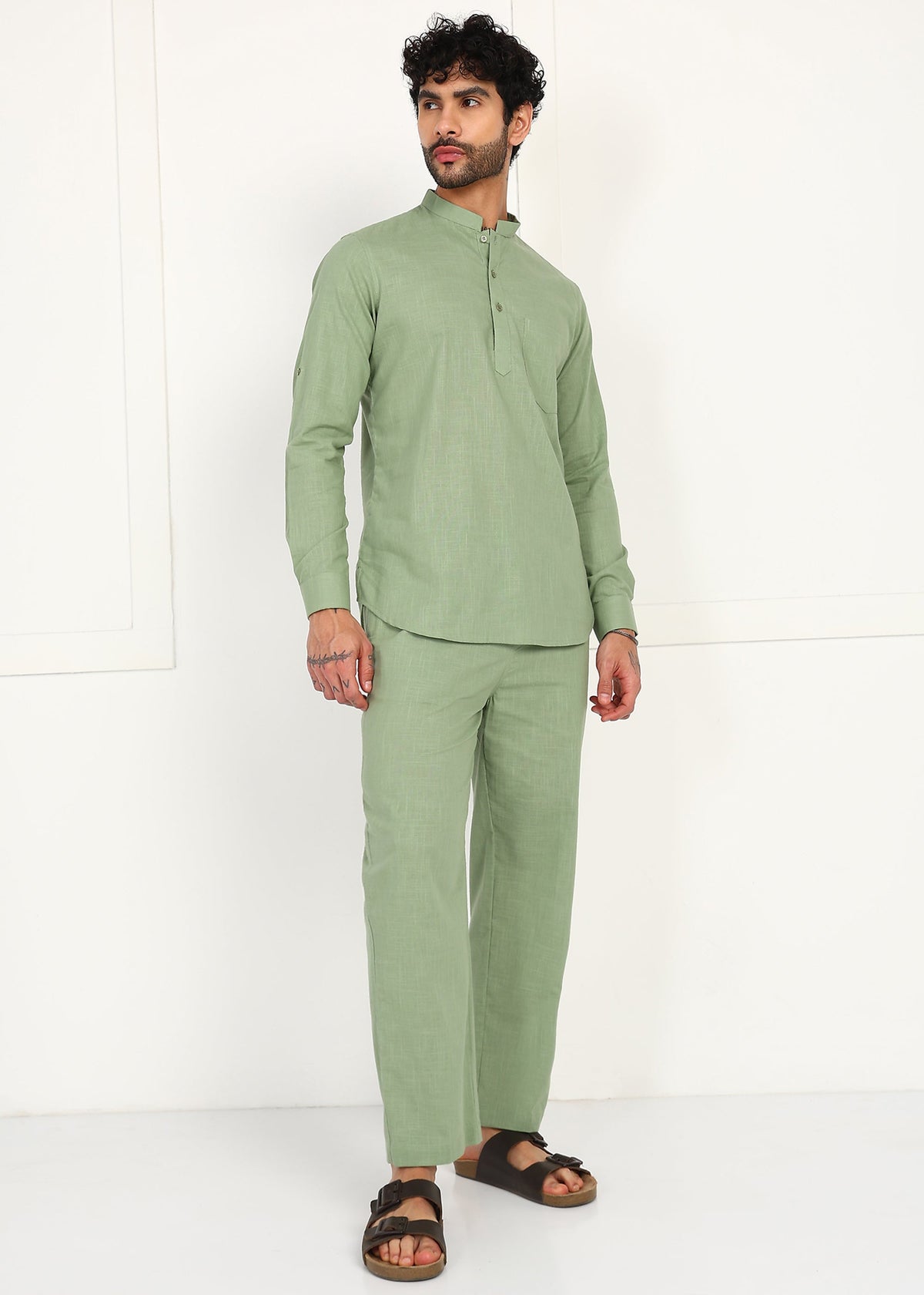 Fabmade Sage Linen Kurta Co-Ord Set | Grocsy