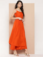 InWeave Women's Orange Strappy Set With Blue Chinnon Print Silk Dupatta | Grocsy