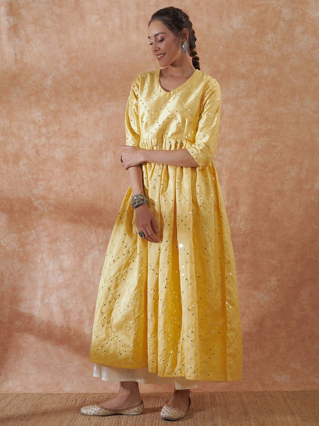 InWeave Women's Light Yellow Mirror Work Long Anarkali Kurta | Grocsy