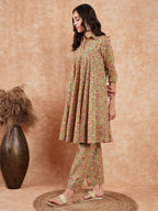 InWeave Women's Pear Green Orange Floral Print Flared Kurta Pant Set | Grocsy