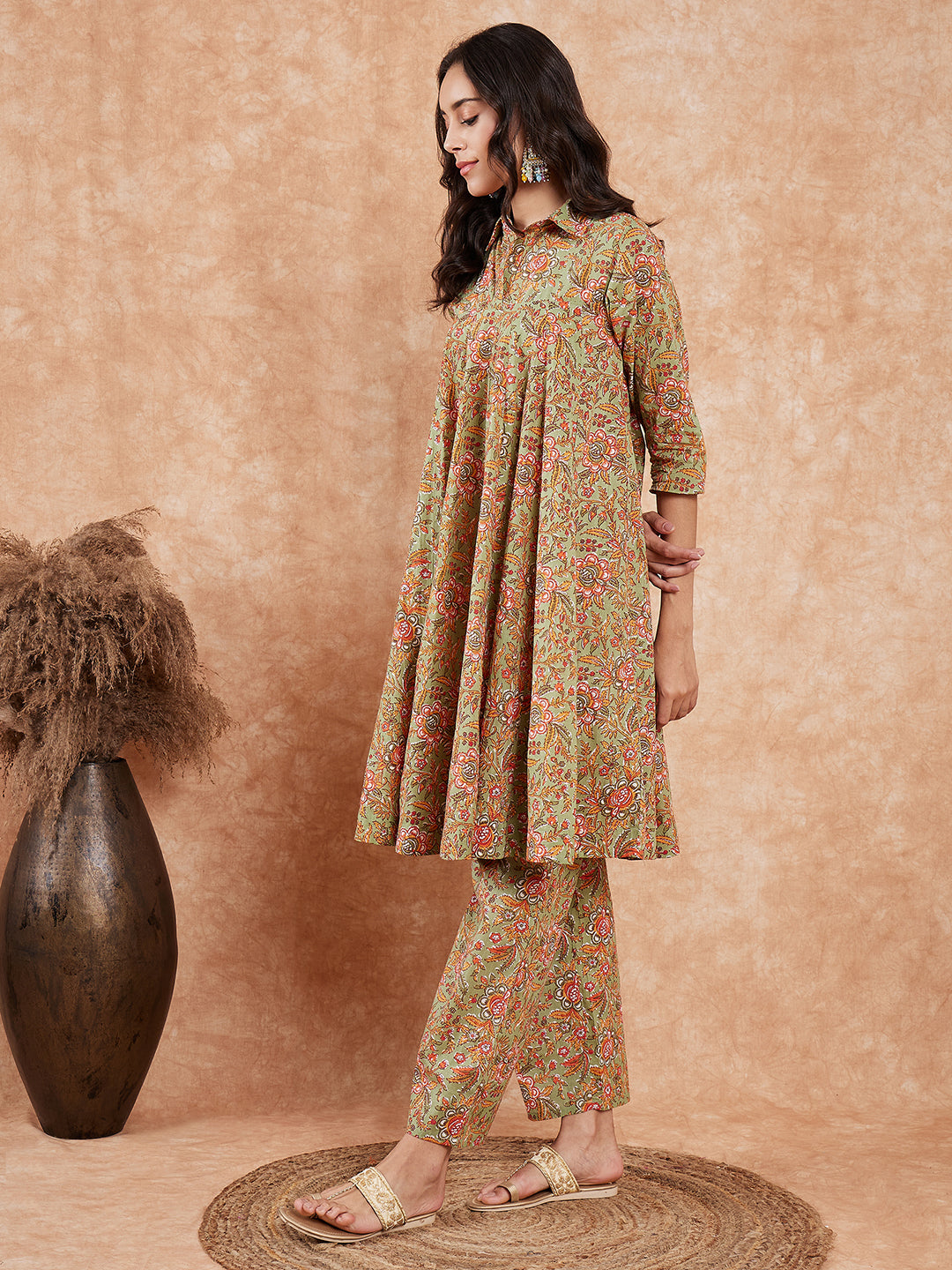 InWeave Women's Pear Green Orange Floral Print Flared Kurta Pant Set | Grocsy