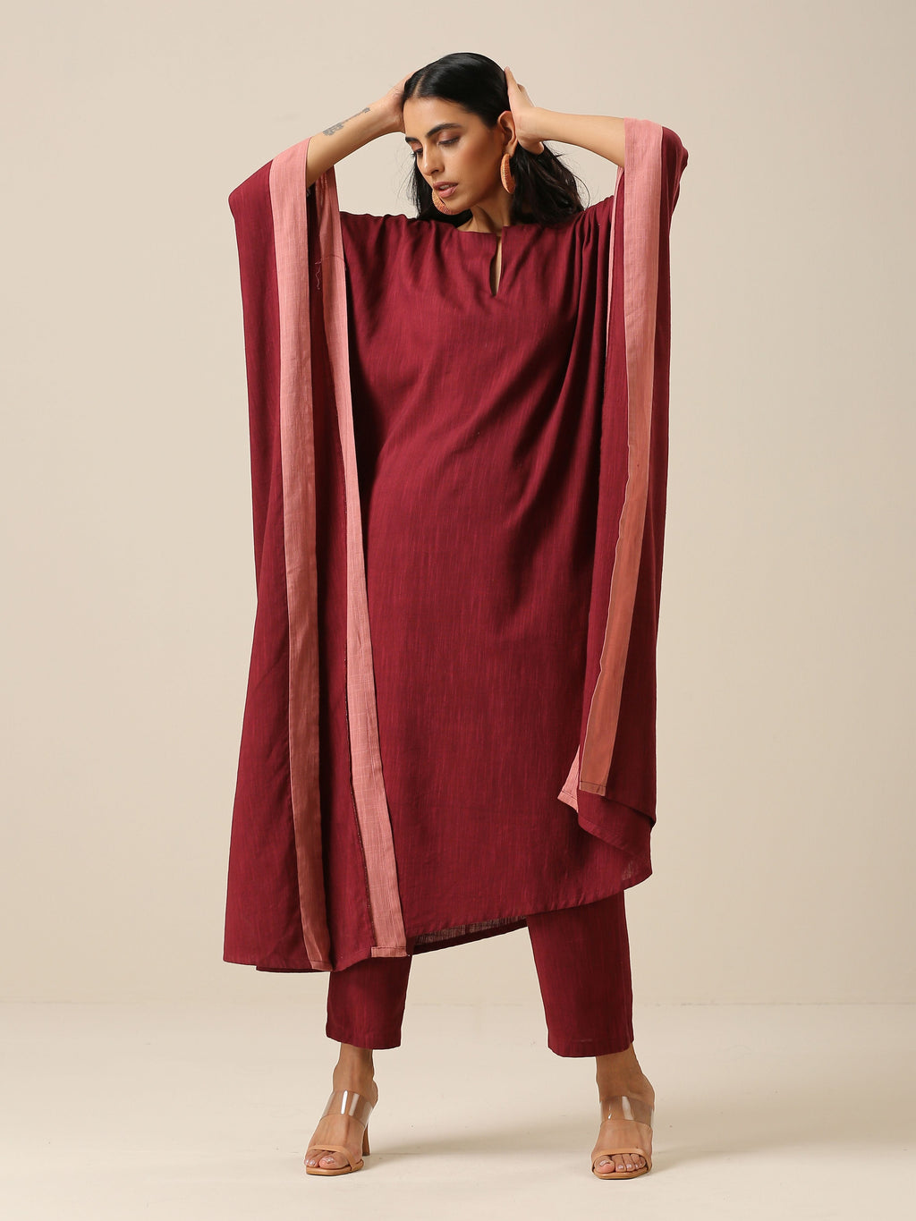 trueBrowns Ruby Wine Slub Texture High Low Kaftan Pant Set | Relove | Grocsy