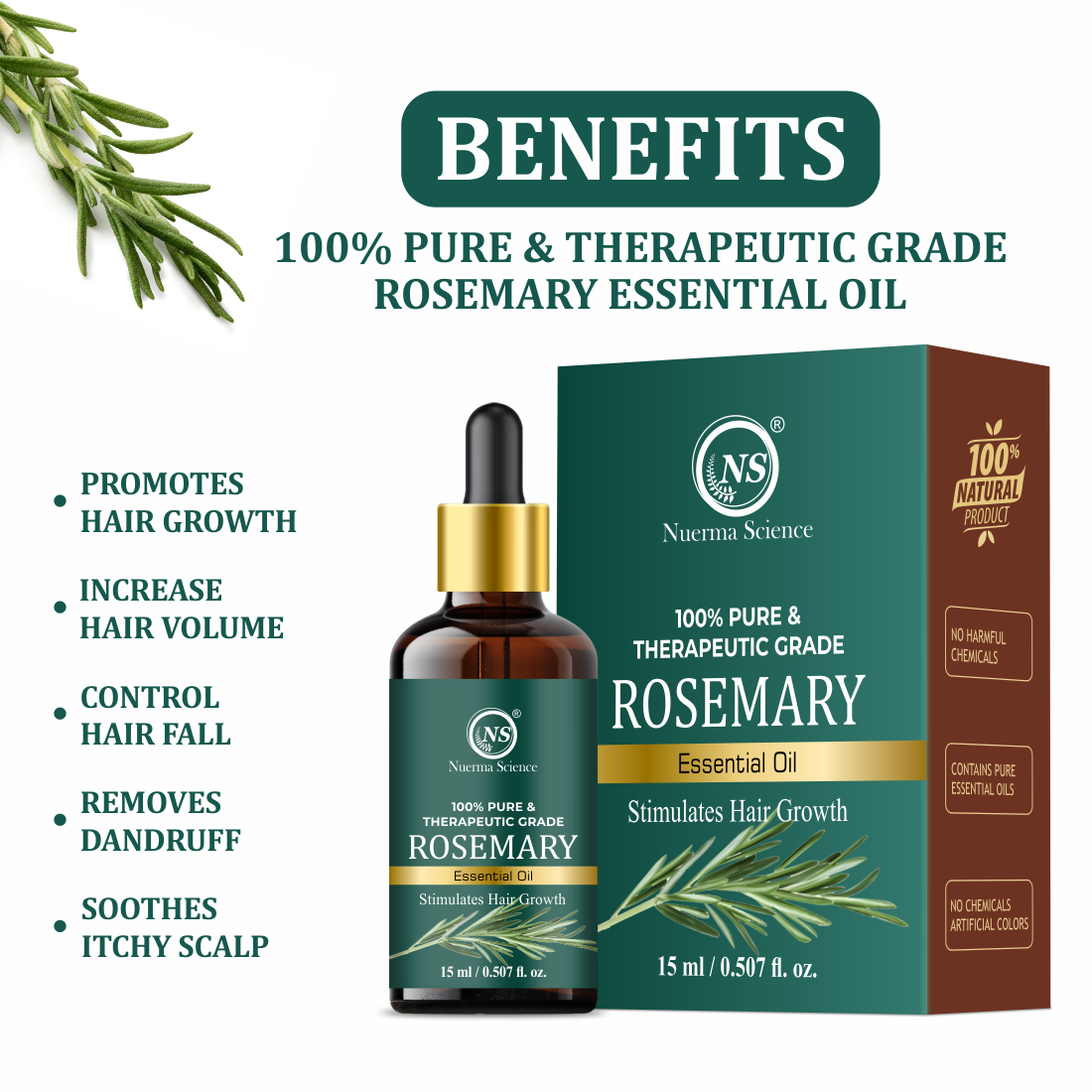 Nuerma Science Rosemary Essential Oil | For Natural Skin Glow & Hair Growth | Grocsy