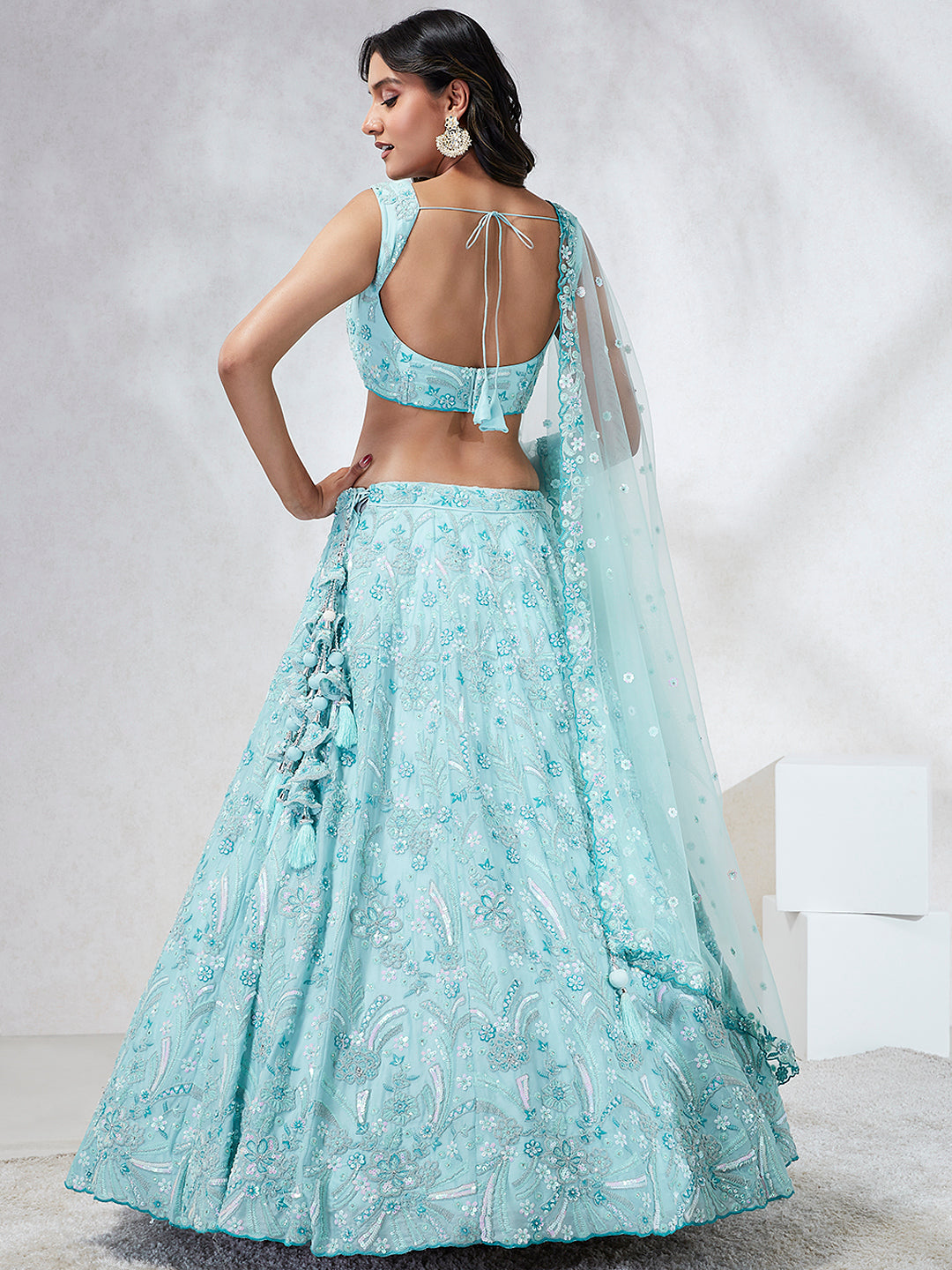 House of Panchhi Turquoise Blue Georgette Sequins And Thread Embroidery Lehenga Choli & Dupatta | Grocsy