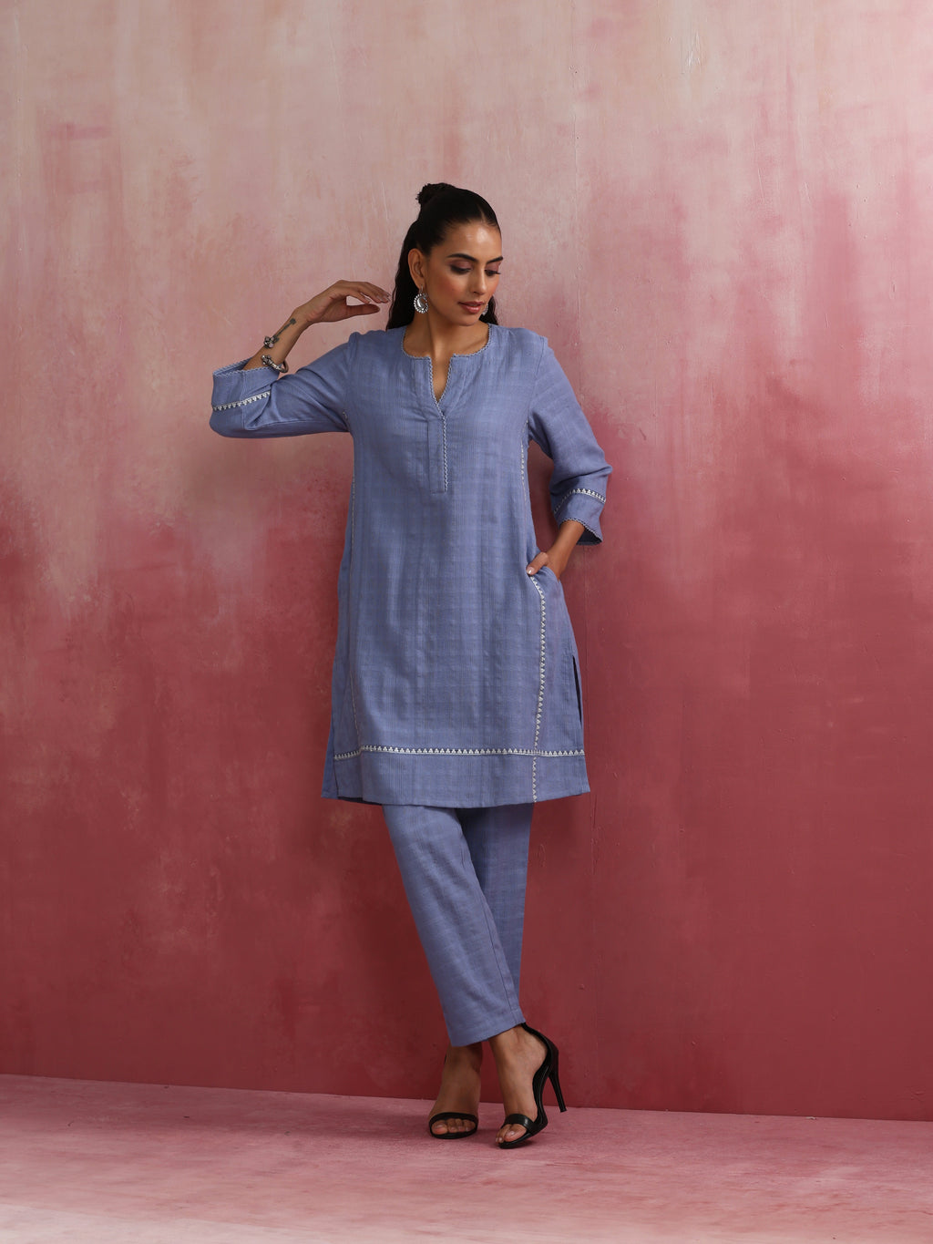 trueBrowns Sky BLue Cotton Kurta Co-ord set | Grocsy