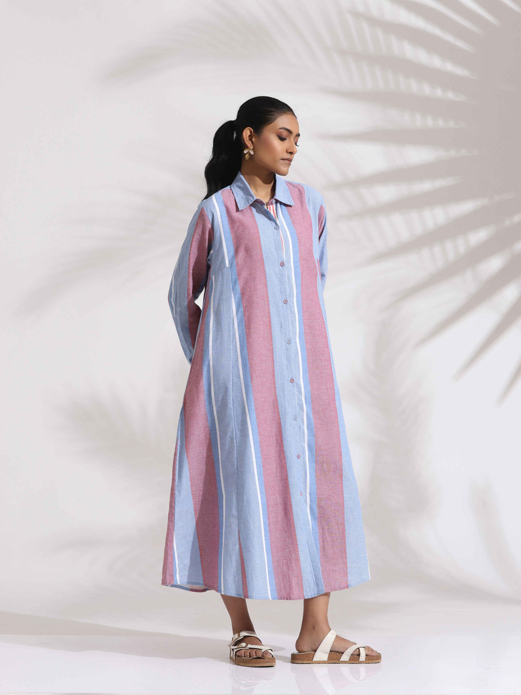 trueBrowns Blue Cotton Stripe Flared Shirt Dress | Grocsy