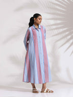 trueBrowns Blue Cotton Stripe Flared Shirt Dress | Grocsy