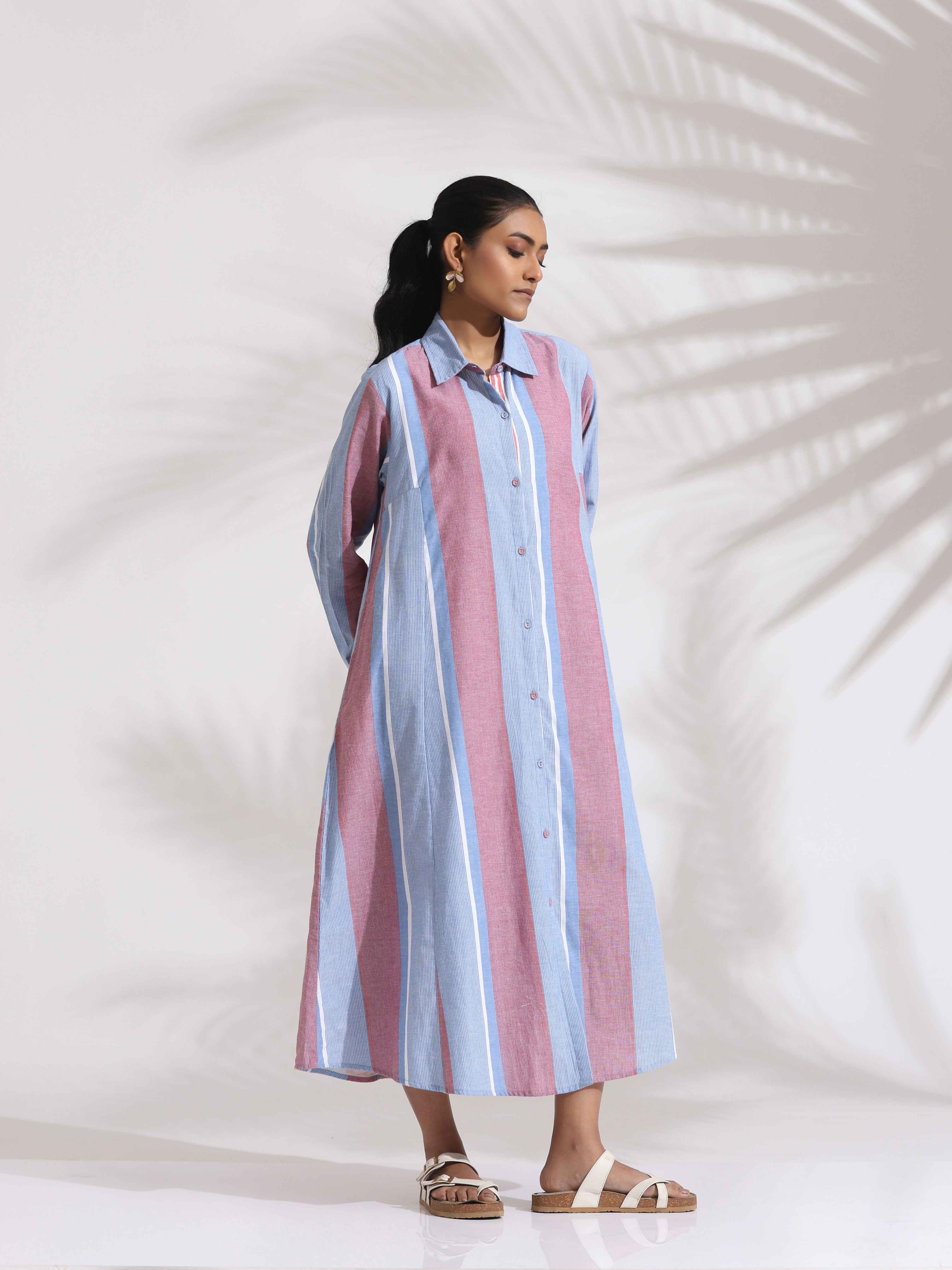 trueBrowns Blue Cotton Stripe Flared Shirt Dress | Grocsy