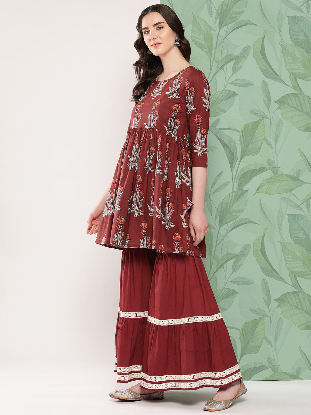 InWeave Women's Brick Rust Boota Sharara Set With Dupatta | Grocsy