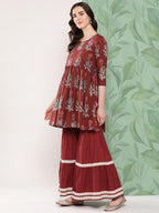 InWeave Women's Brick Rust Boota Sharara Set With Dupatta | Grocsy