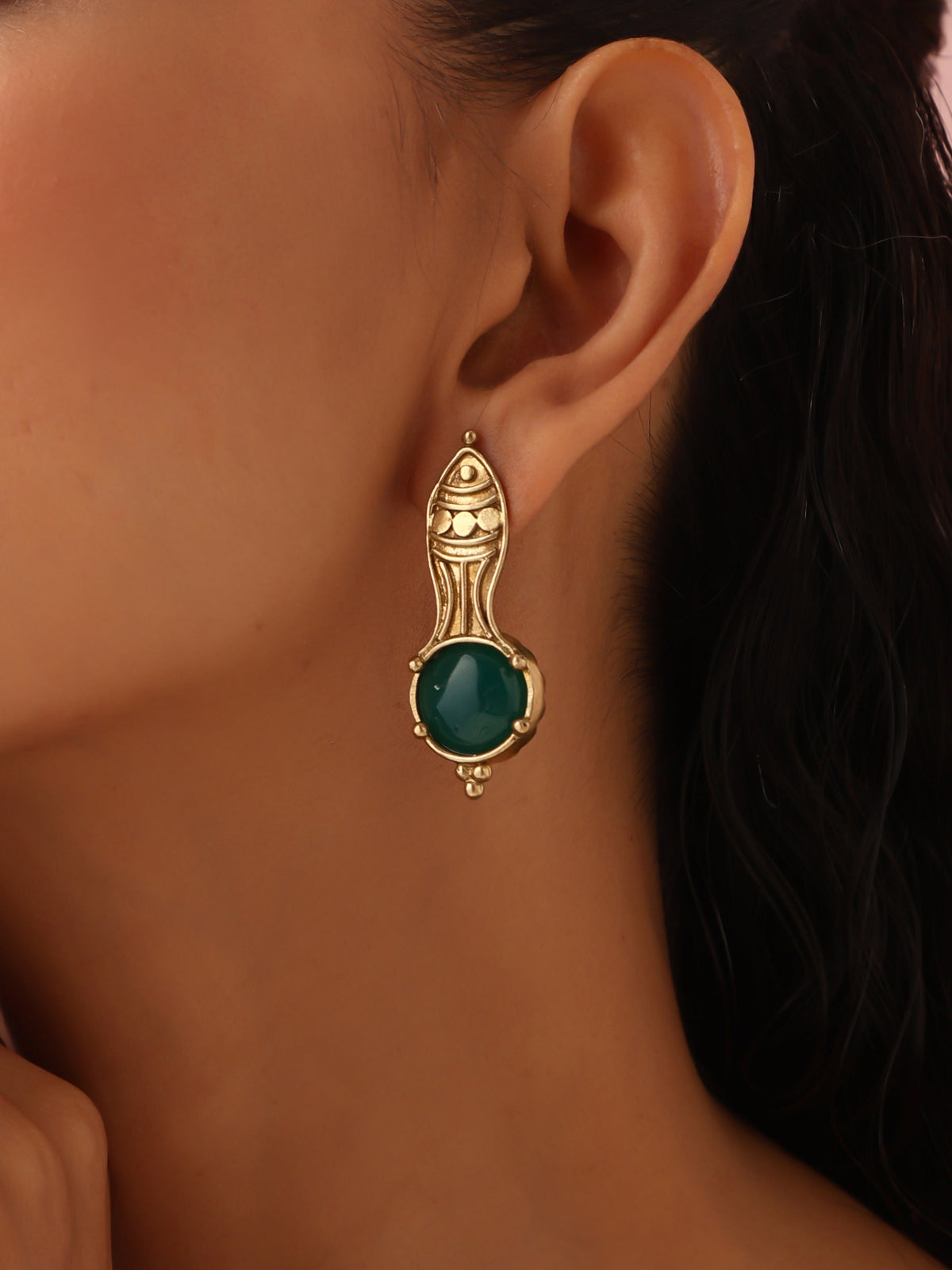 trueBrowns Brass Green Stone Abstarct Earrings | Grocsy
