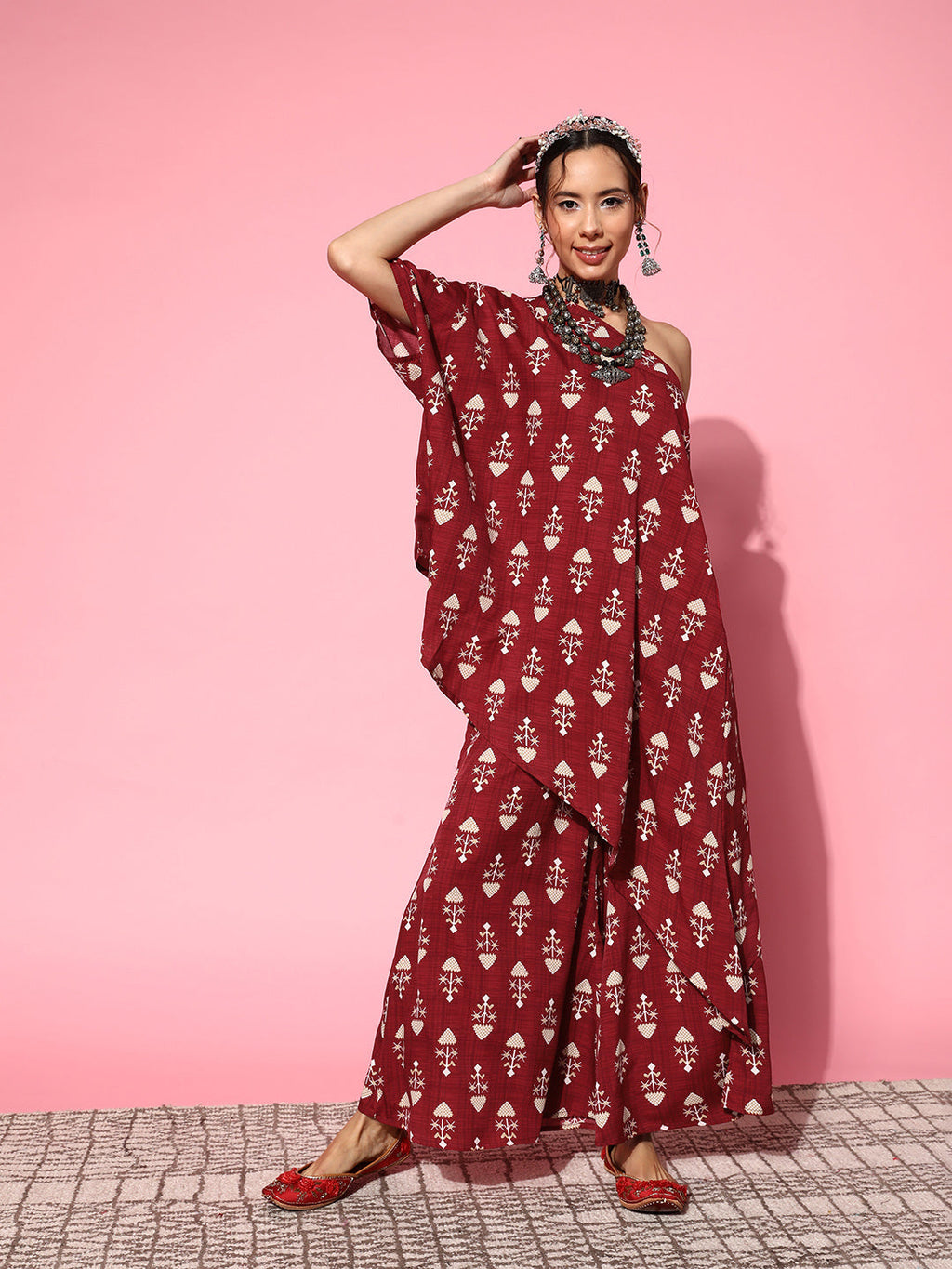 InWeave Women's Maroon Boota One Shoulder Top With Palazzo Set | Grocsy