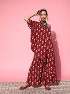 InWeave Women's Maroon Boota One Shoulder Top With Palazzo Set | Grocsy