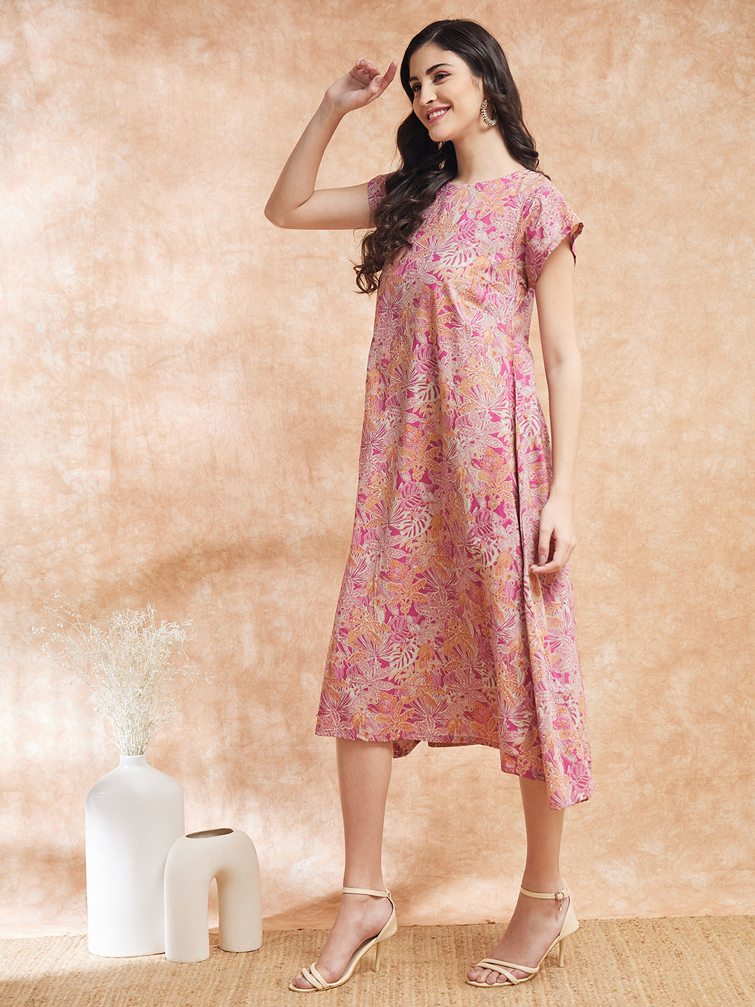 InWeave Women's Pink Coral Floral Print A Line Dress | Grocsy