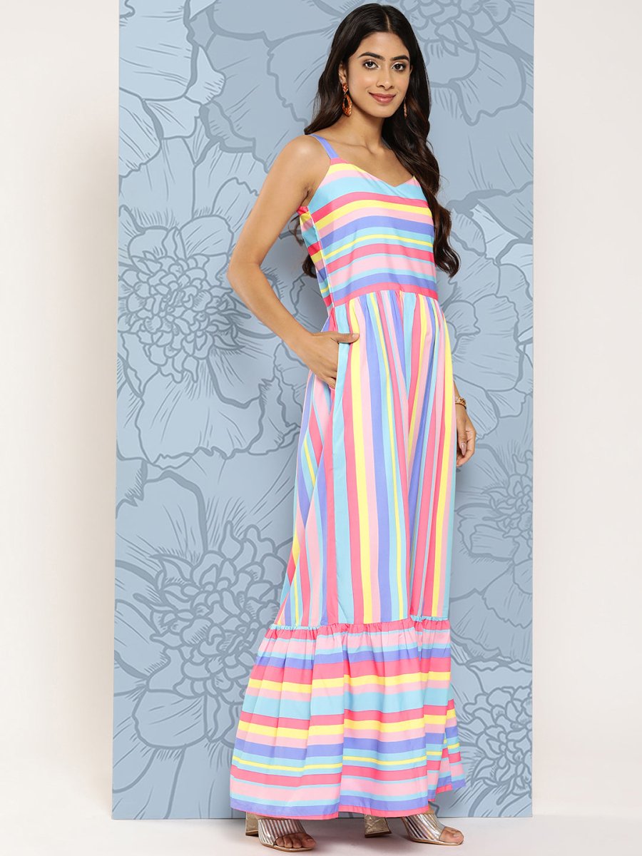 Ahalyaa Striped Crepe Maxi Ethnic Dress | Grocsy