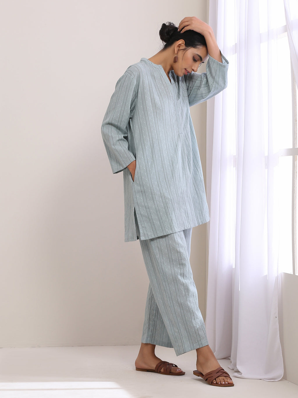 trueBrowns Eggshell Blue Dobby Relaxed Fit Co-Ord Set | Grocsy