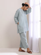trueBrowns Eggshell Blue Dobby Relaxed Fit Co-Ord Set | Grocsy