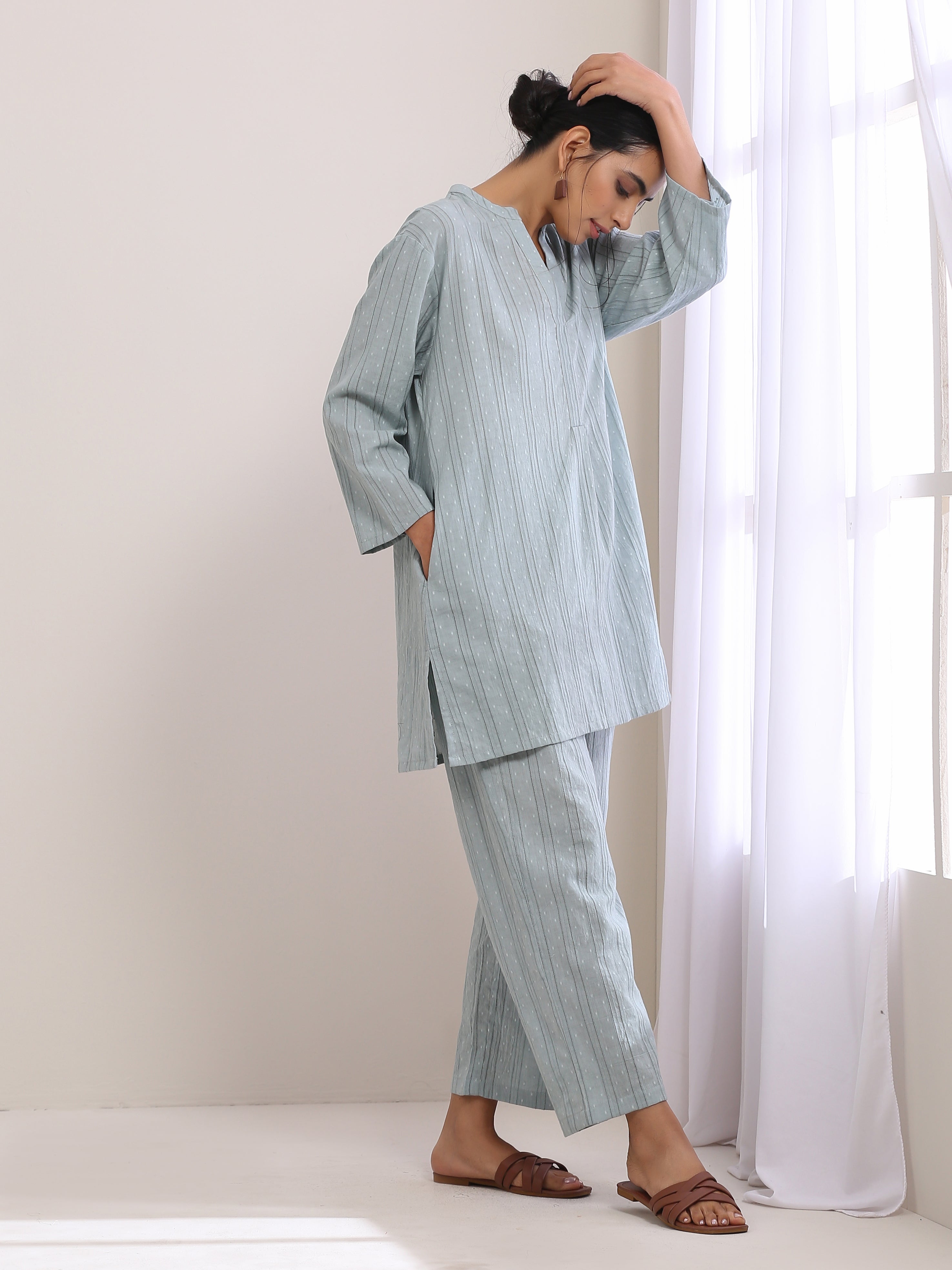 trueBrowns Eggshell Blue Dobby Relaxed Fit Co-Ord Set | Grocsy