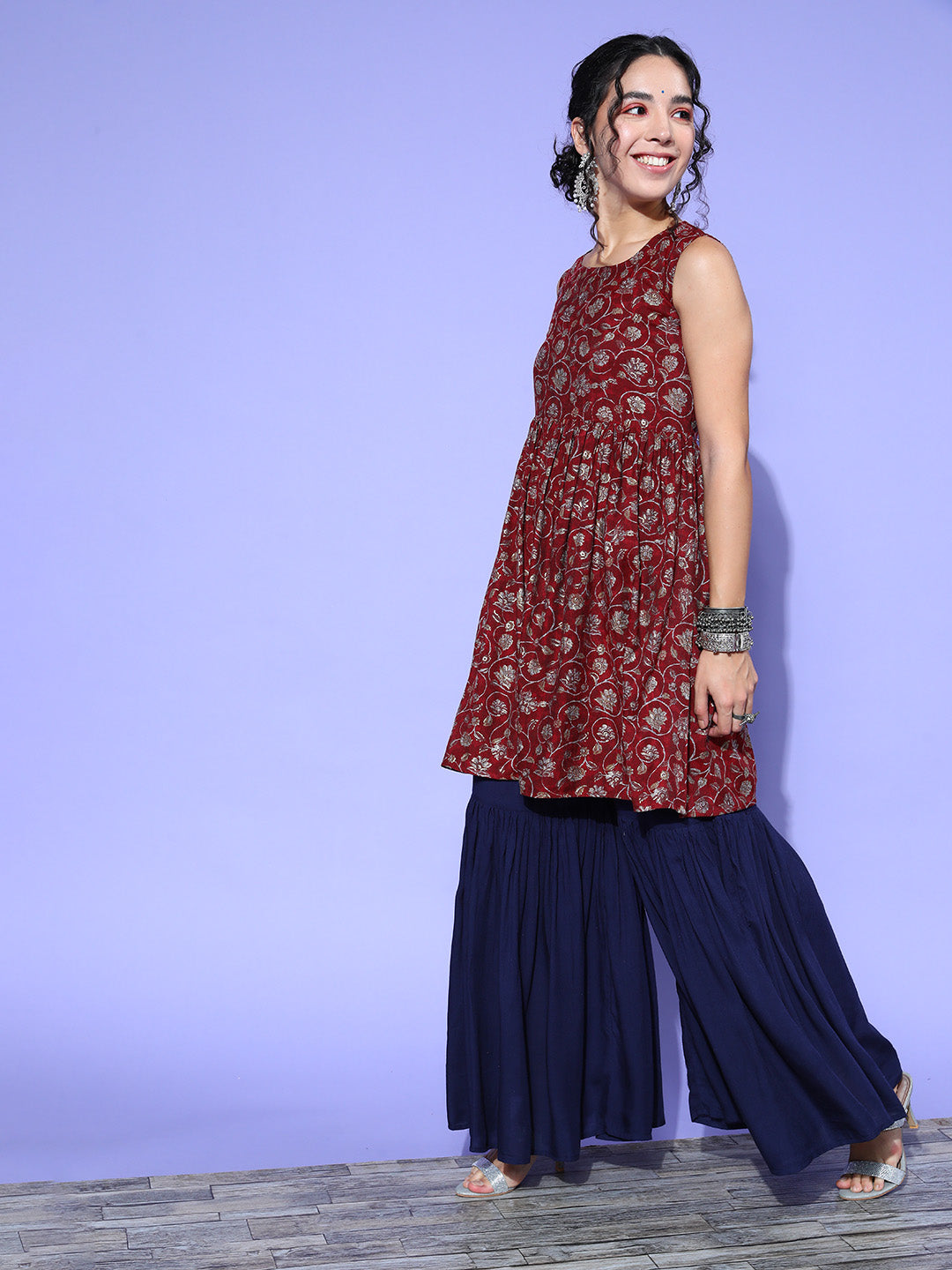 InWeave Women's Burgundy Printed Kurta Sharara Set With Blue Organza Dupatta | Grocsy