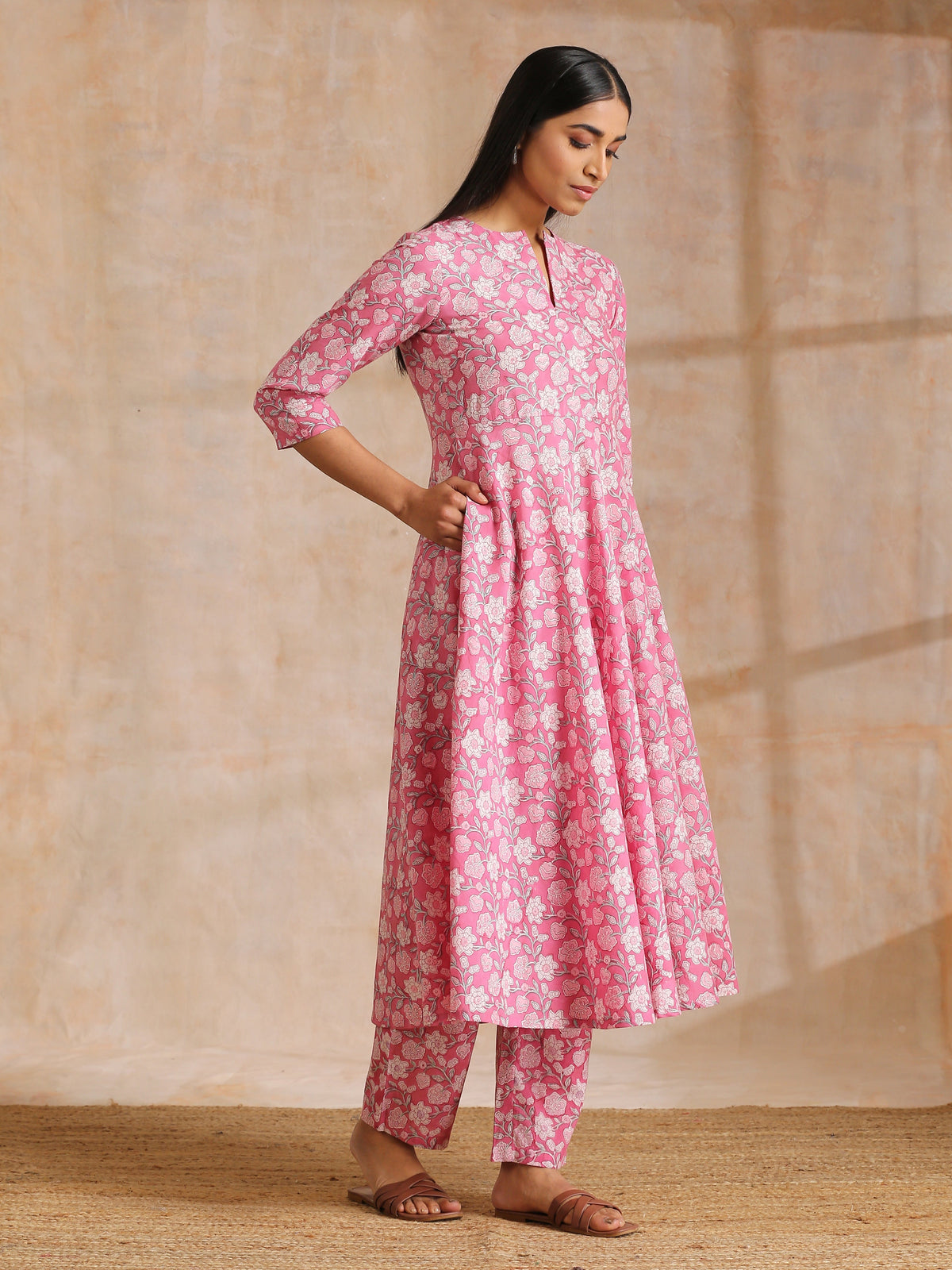 trueBrowns Pink Overall Floral Block Print Cotton Flared Kurta Pant Set | Grocsy