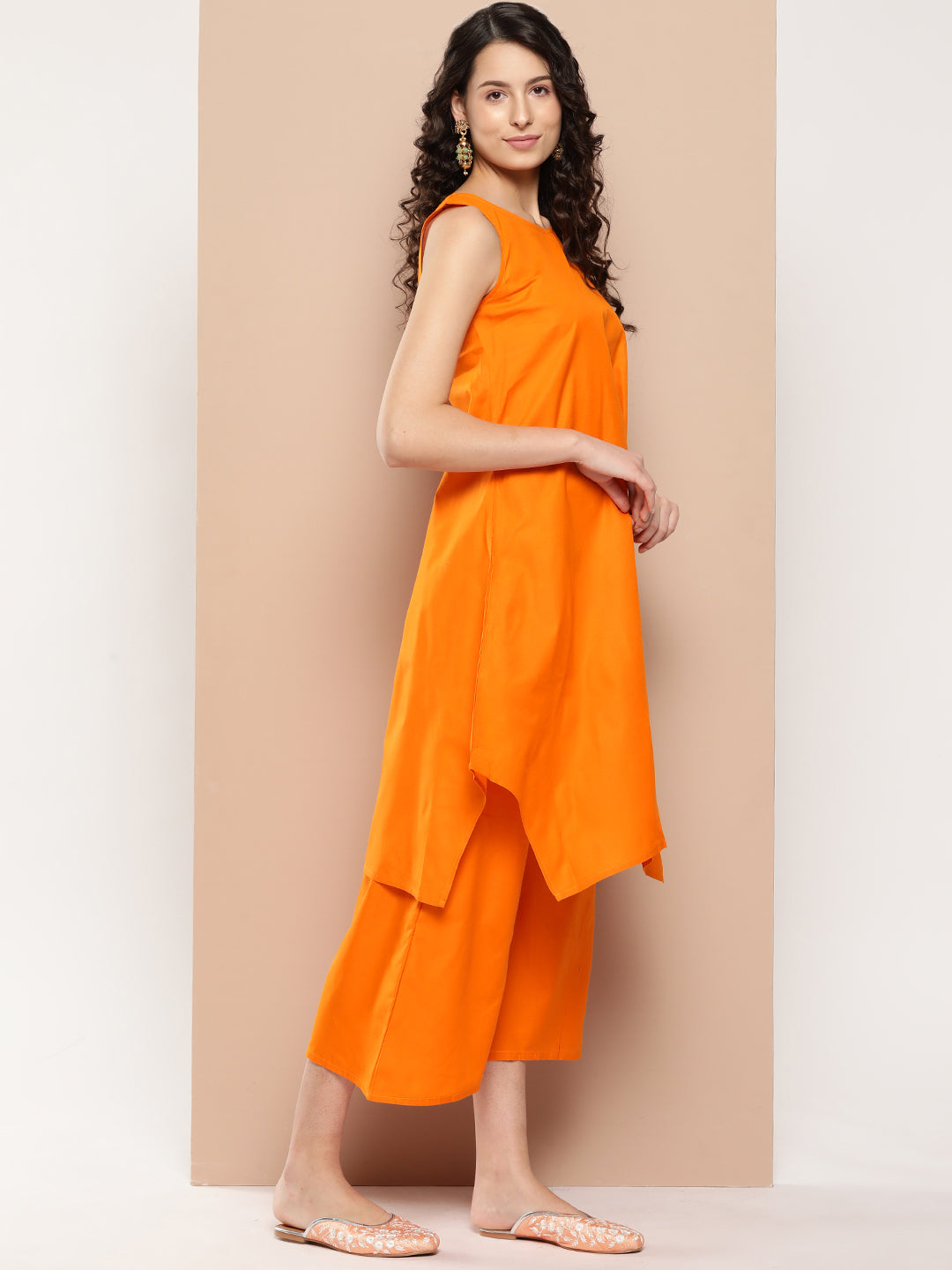 InWeave Women's Tangy Orange Short Pallazo Set W Green Or Dupatta | Grocsy