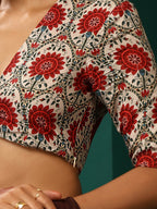 trueBrowns Ivory Red Circle Floral Muslin Silk Printed Deep V-Neck Blouse | Grocsy
