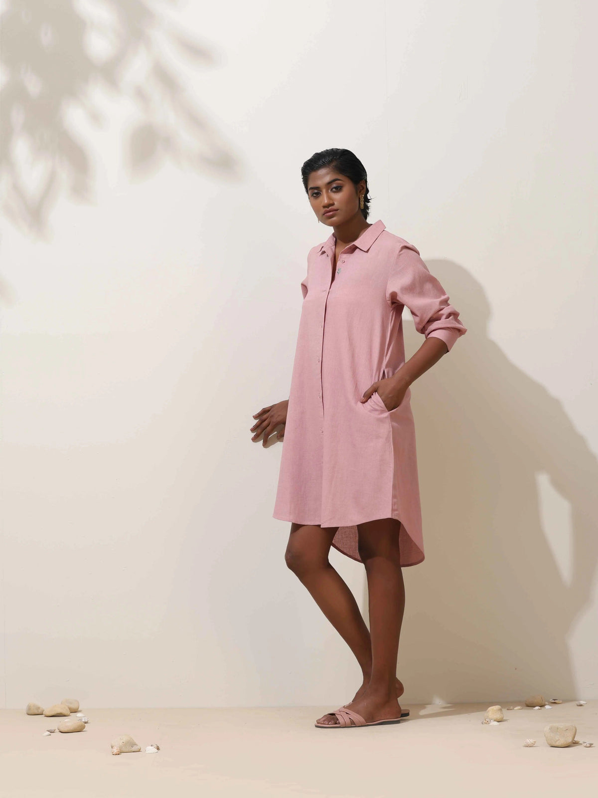 trueBrowns Pink Cotton Linen Dress | Grocsy