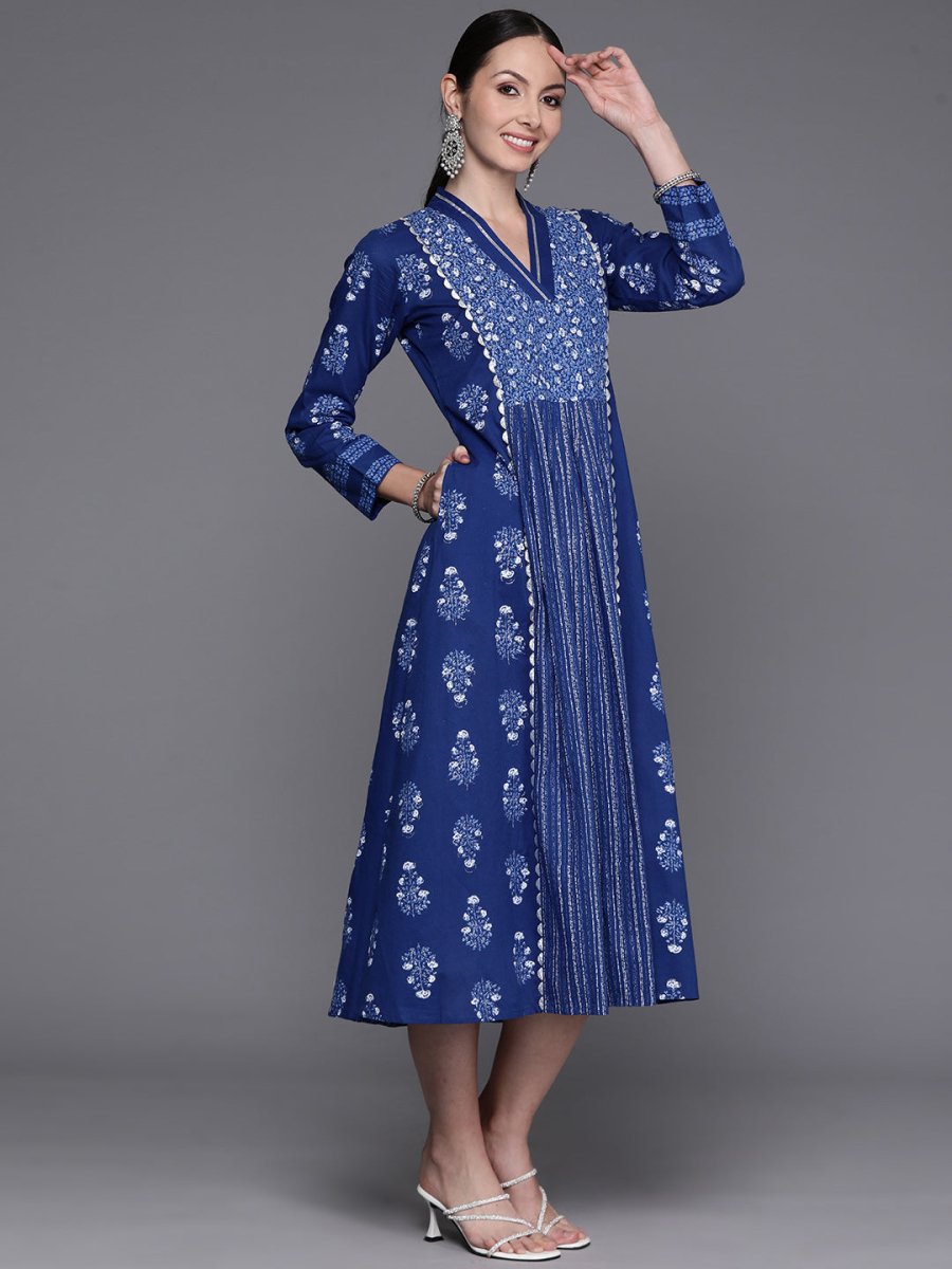 Ahalyaa Floral Print Midi Pure Cotton Ethnic Dress with Lace Inserts Detail | Grocsy