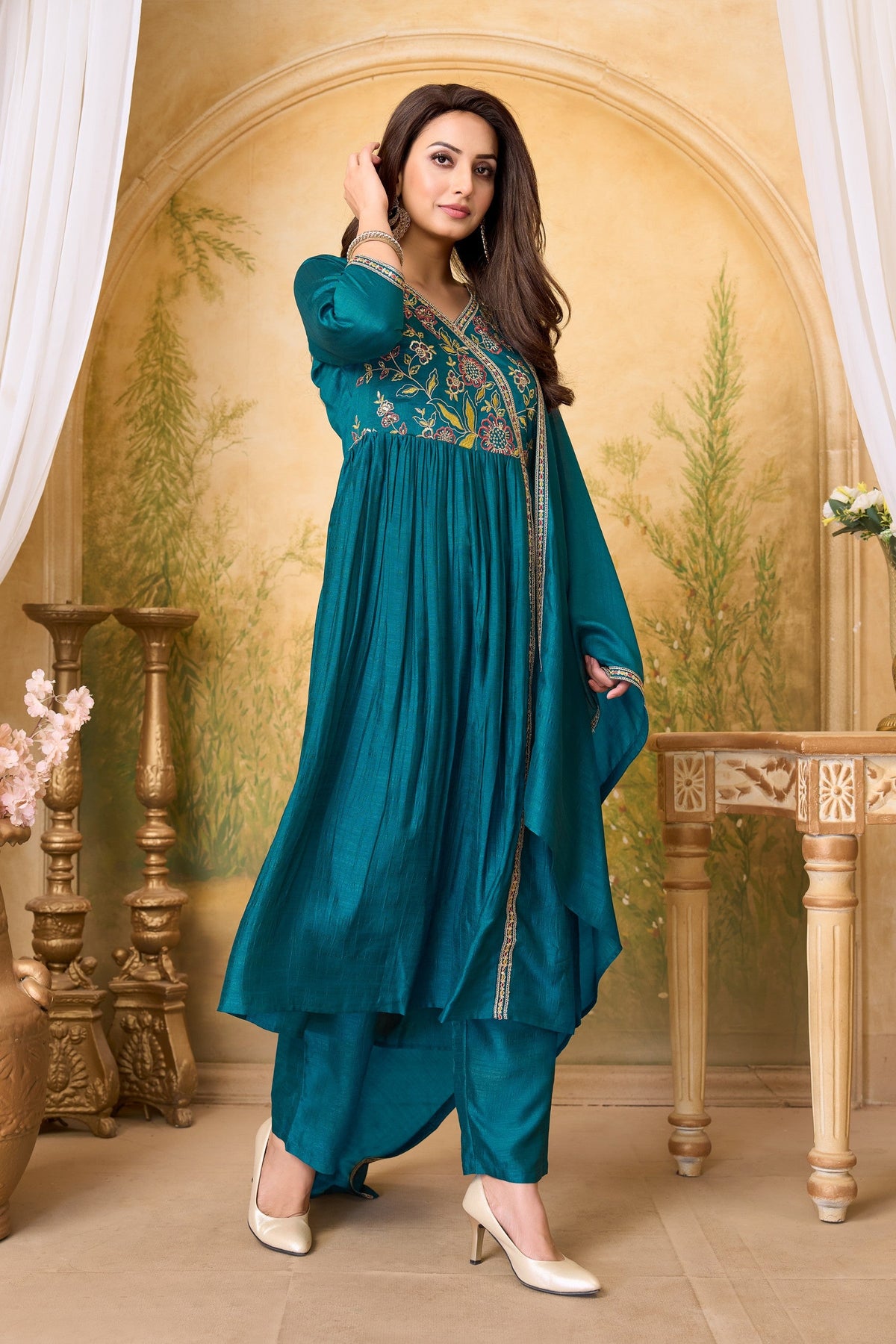 Anaita Teal Anarkali Readymade Suit with Embroidery Work | Grocsy
