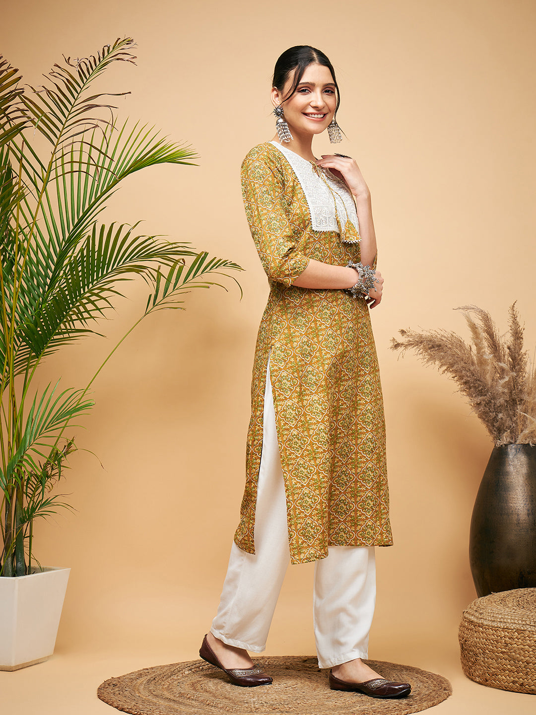 InWeave Women's Olive Ajrakh Print Cotton Patch Work Straight Kurta | Grocsy