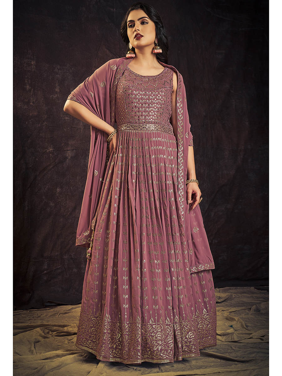 Myra Mauve Real Georgette Designer Gown Style Suit | Grocsy