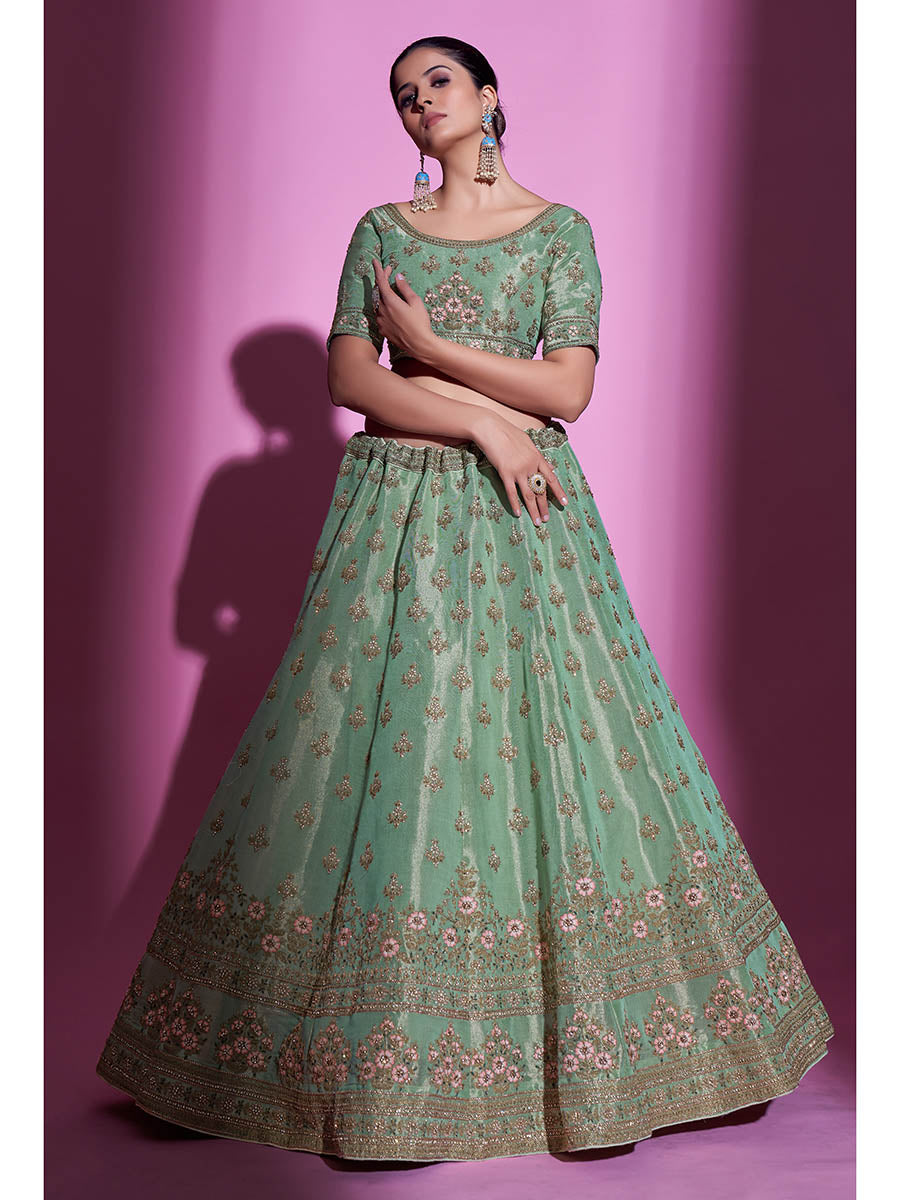Myra Pista Green Gota Silk Embroidered Designer Lehenga Choli | Grocsy