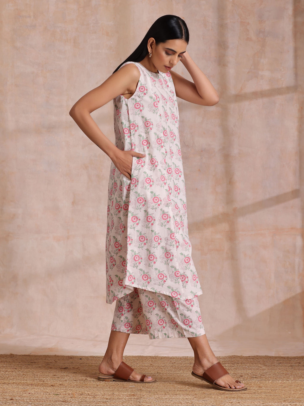 trueBrowns Pink Green Buta On White Block Print Cotton High-Low Co-Ord Set | Grocsy