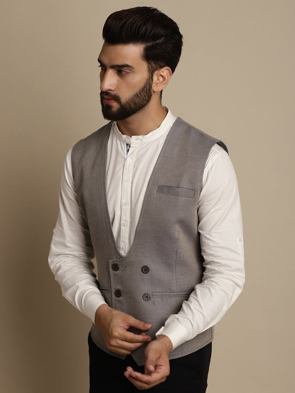 Even Apparels Men's Grey Double Breast Waistcoat | Grocsy