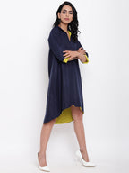 trueBrowns Linen Cotton Blue Collared Dress | Grocsy