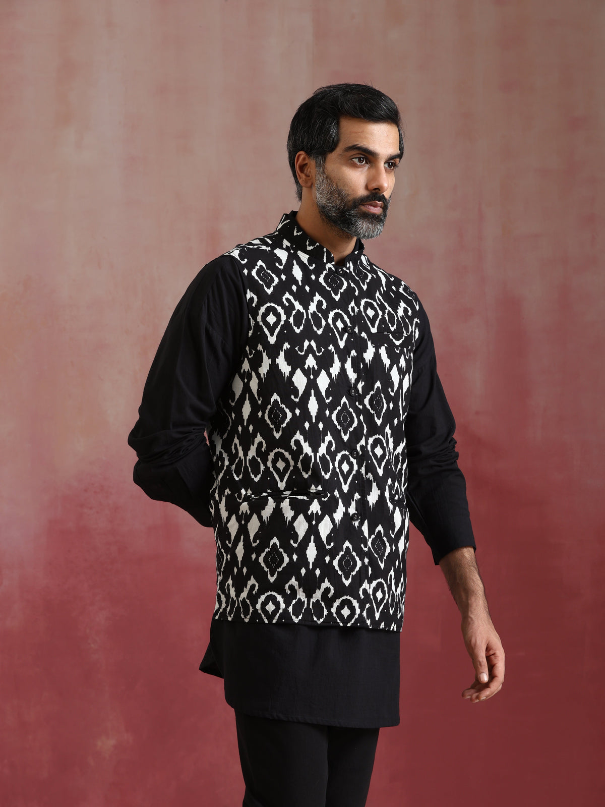 trueBrowns Men's Black Ikat Print Cotton Reversible Nehru Jacket | Grocsy
