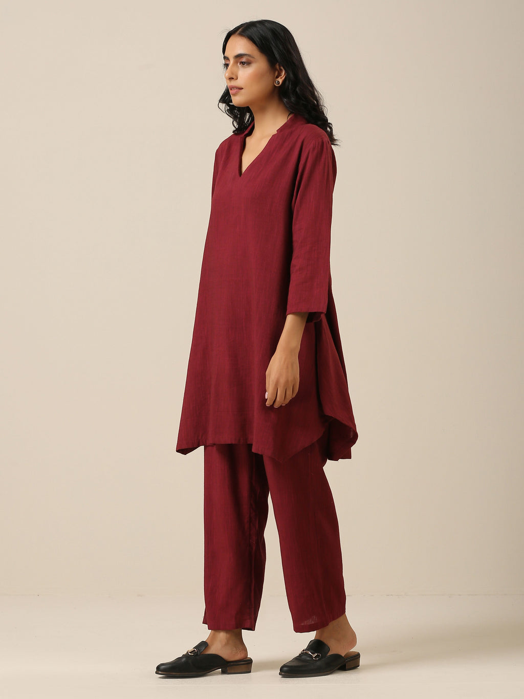 trueBrowns Ruby Wine Slub Textured Collar Co-Ord Set | Grocsy