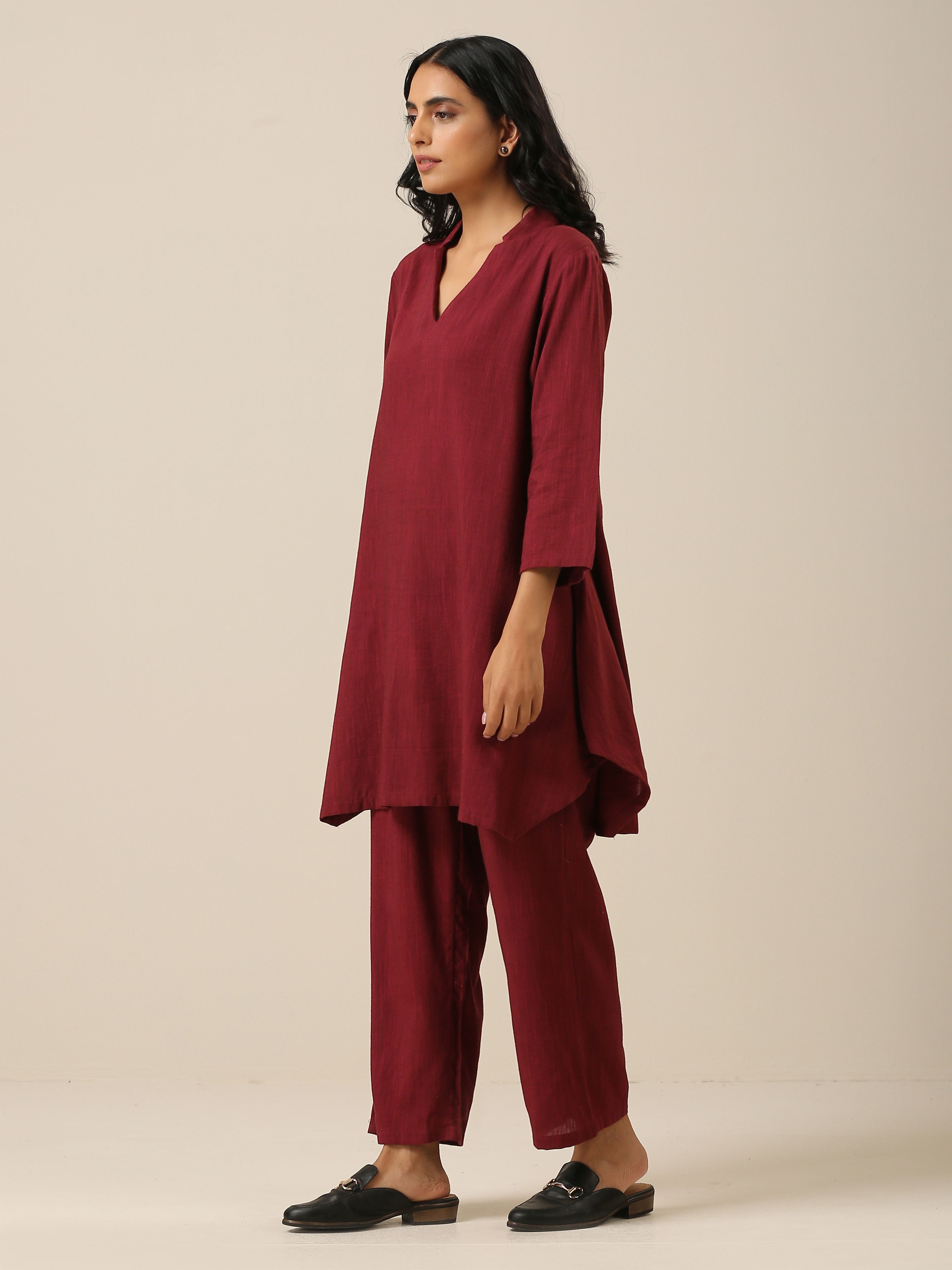 trueBrowns Ruby Wine Slub Textured Collar Co-Ord Set | Grocsy