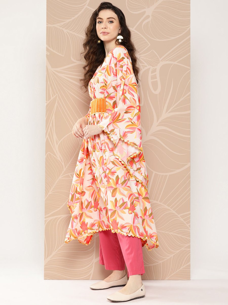 Ahalyaa Women Floral Printed Flared Sleeves Gotta Patti Crepe Kaftan Kurta | Grocsy