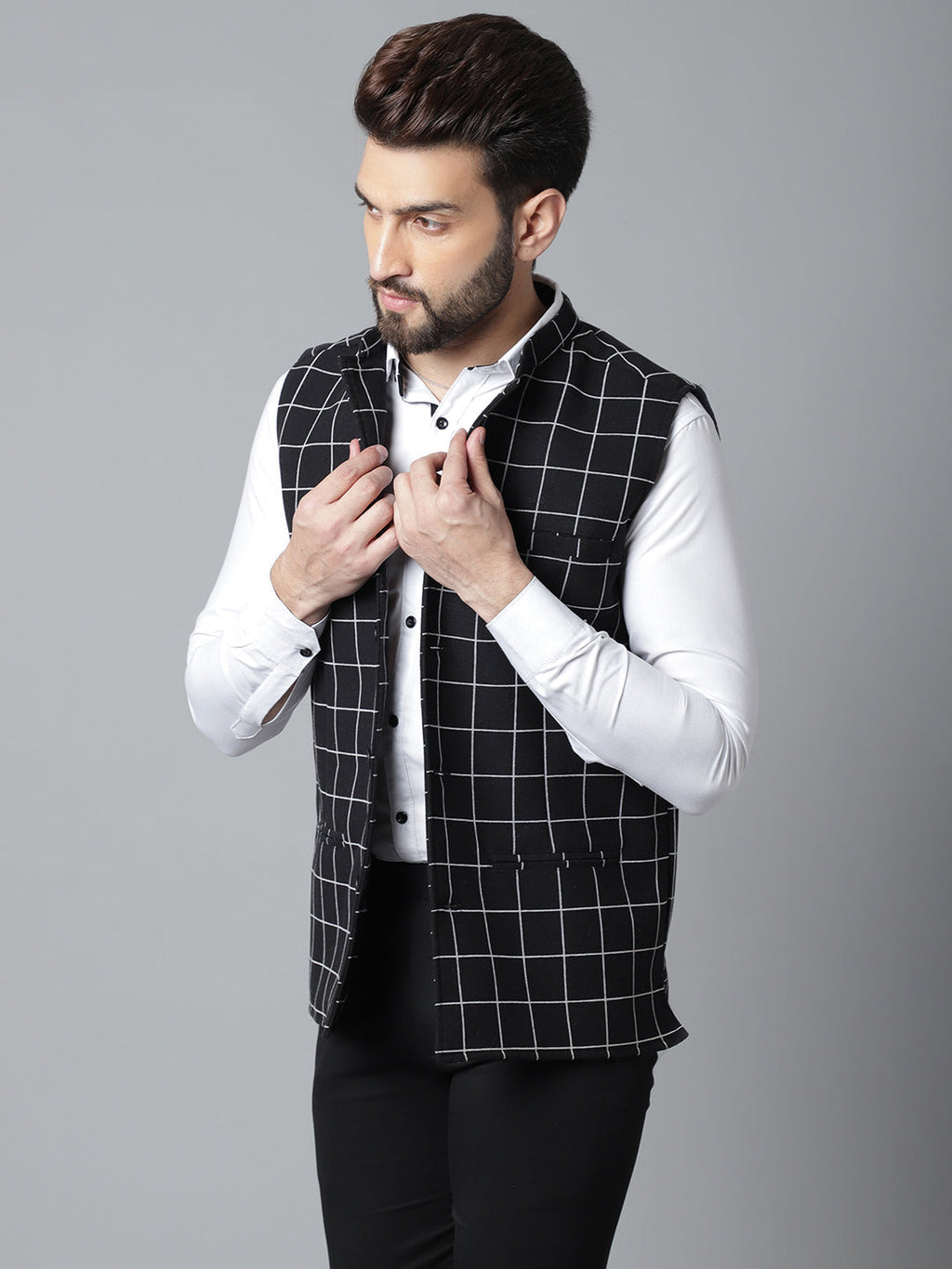 Even Apparels Men's Black Nehru Jacket With Welt Pockets | Grocsy