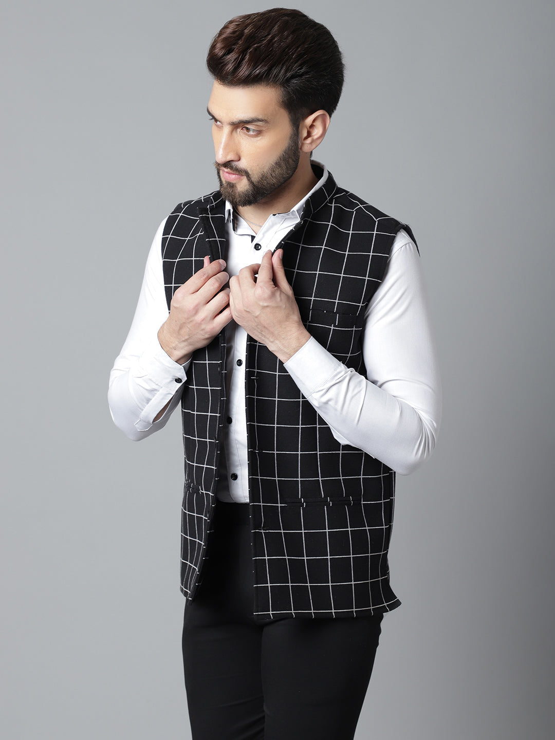 Even Apparels Men's Black Nehru Jacket With Welt Pockets | Grocsy