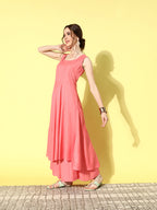InWeave Women's Camelia Fusion Layer With Peach Sleeveless Kurta Set | Grocsy