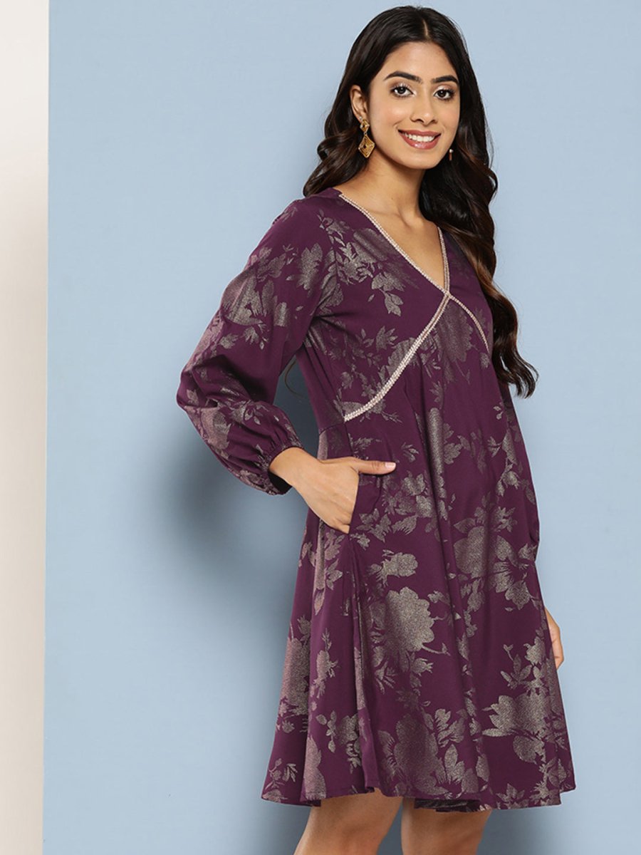 Ahalyaa Floral Print Puff Sleeves Empire Crepe Ethnic Dress | Grocsy